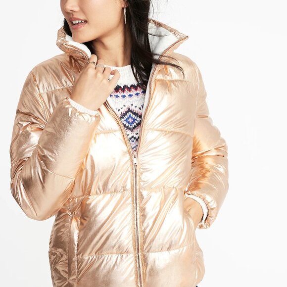 Old Navy Metallic Gold Puffer Jacket Coat warm fleece lining ski mobwife - Picture 1 of 4